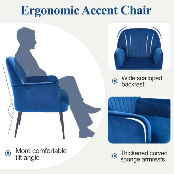 English Elm Velvet Barrel Accent Chair Tufted Shell Back with Metal Legs for Living Room Blue W5722P462510