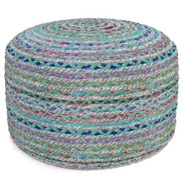 English Elm Margo Handcrafted Round Pouf with Cotton Jute Weave, Supportive Polystyrene Filling, 20" D x 14" H Green B136P159311