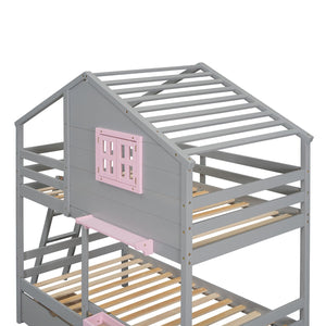 English Elm Twin Playhouse Bunk Bed Pinewood Frame with Pitched Roof Window Shelf and Storage Drawers Gray LT001608AAE-1