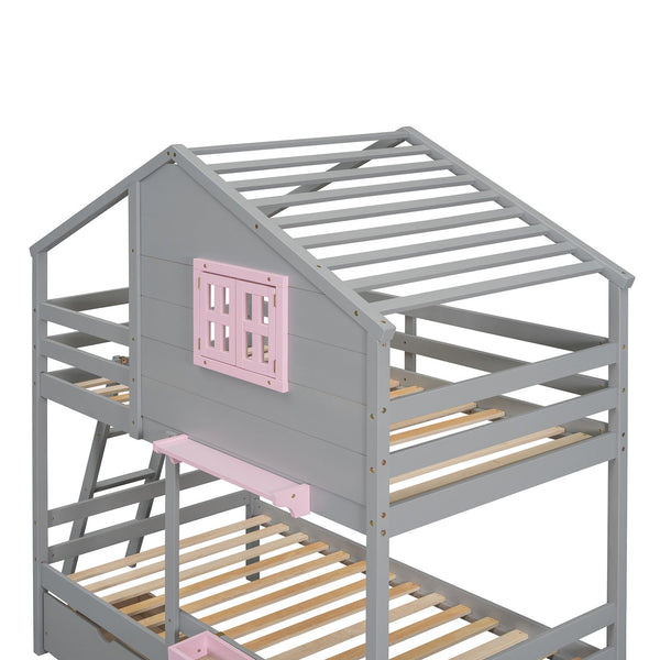English Elm Twin Playhouse Bunk Bed Pinewood Frame with Pitched Roof Window Shelf and Storage Drawers Gray LT001608AAE-1
