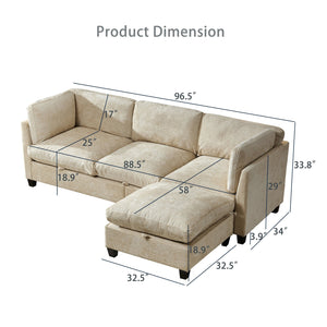 English Elm 96.5" L-shaped Chenille Sectional with Storage Ottoman Eucalyptus Frame Living Room Light Coffee W1097S00281