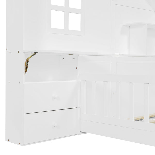 English Elm Full Size House Bed White Wood Frame with Drawers Shelves and Built in Usb Charging LT000423AAK-2