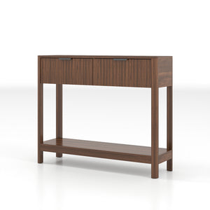 English Elm Mid-century Modern Console Table Fluted Drawers Walnut Finish Slim Entryway Sofa W2557P430472