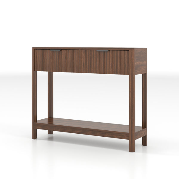 English Elm Mid-century Modern Console Table Fluted Drawers Walnut Finish Slim Entryway Sofa W2557P430472
