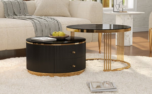 English Elm Modern Round Nesting Coffee Table Set with Gold Pedestal Legs and Storage Drawers Black N735P349323B