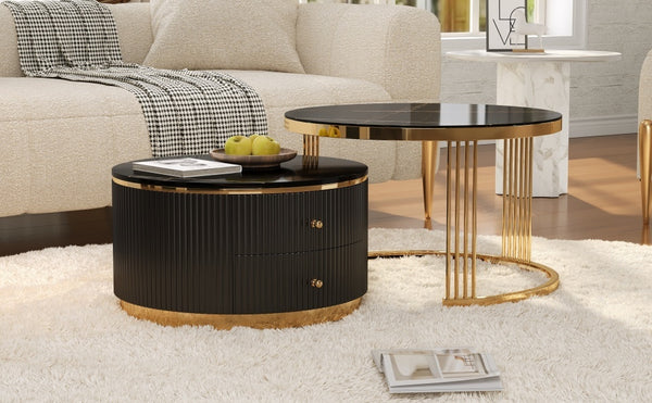 English Elm Modern Round Nesting Coffee Table Set with Gold Pedestal Legs and Storage Drawers Black N735P349323B