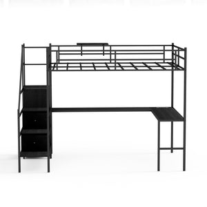 English Elm Full Metal Loft Bed with L-Shaped Desk, RGB LED Lights, Charging Cradle, Wardrobe & Drawers Black W1162S00014