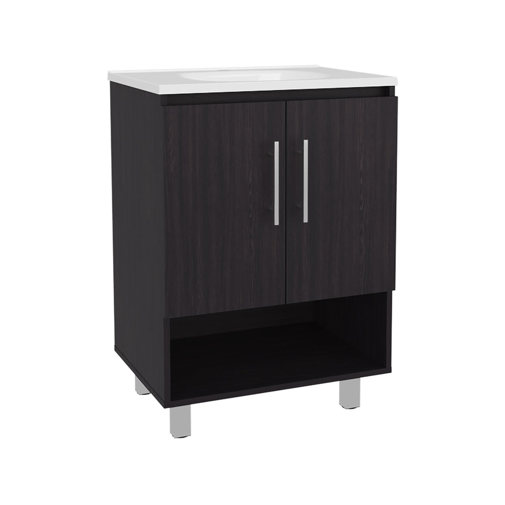 English Elm Conrad Matte Black Freestanding Vanity with Resin Sink Open Shelf and Cabinet Storage B200P362049