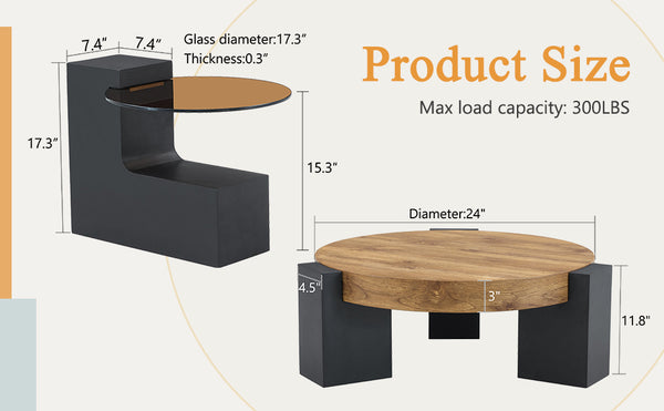 English Elm Modern Double-Layer Round Coffee Table with Tinted Glass Top, Detachable L-Shaped Legs, Versatile Stylish Centerpiece Black,Wood 30.71 L x 29.53 W x 12.99 H W1512P401778