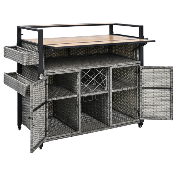 English Elm K&K Wicker Outdoor Grill Cart with Foldable Drop Leaf, Locking Wheels, Wine Rack & Ample Storage Grey N707P233747G