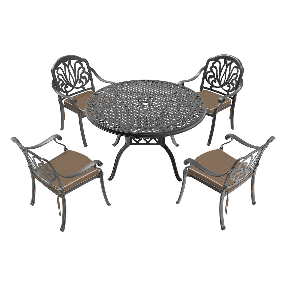 English Elm 5-Piece Durable Cast Aluminum Patio Furniture Set With Brown Cushions For Cozy Outdoor Dining W1710S00133