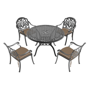 English Elm 5-Piece Durable Cast Aluminum Patio Furniture Set With Brown Cushions For Cozy Outdoor Dining W1710S00133