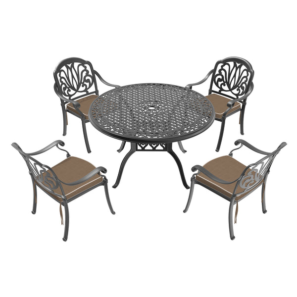 English Elm 5-Piece Durable Cast Aluminum Patio Furniture Set With Brown Cushions For Cozy Outdoor Dining W1710S00133