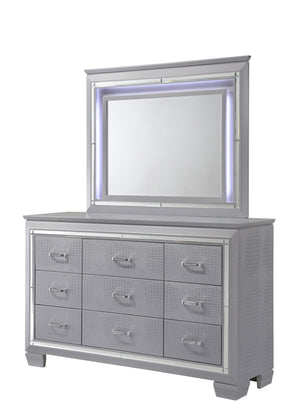 English Elm 1pc Modern Five Drawer Tall Chest with Beveled Mirror, Faux Crystal Hardware, Croc-Embossed Finish Silver 65.94 L x 20.43 W x 42.32 H B2741P326189
