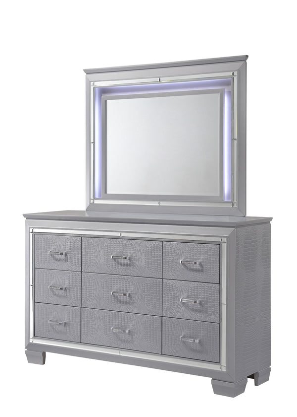 English Elm 1pc Modern Five Drawer Tall Chest with Beveled Mirror, Faux Crystal Hardware, Croc-Embossed Finish Silver 65.94 L x 20.43 W x 42.32 H B2741P326189