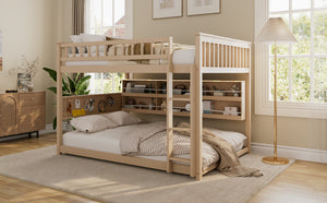 English Elm Full Over Bunk Bed with Led Lighting Pegboard Shelving and Pine Wood Frame Beige LT000278AAA