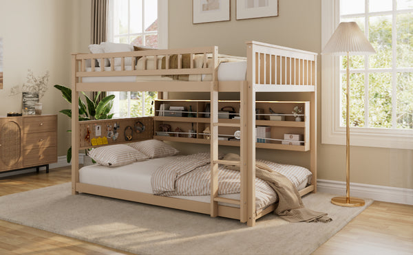 English Elm Full Over Bunk Bed with Led Lighting Pegboard Shelving and Pine Wood Frame Beige LT000278AAA