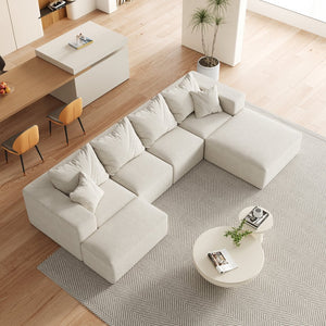 English Elm Modern Upholstered Modular Sectional Sofa Set 132" L-Shaped No-Assembly Chenille Comfort Hub with 6 Pillows Beige W834S00498