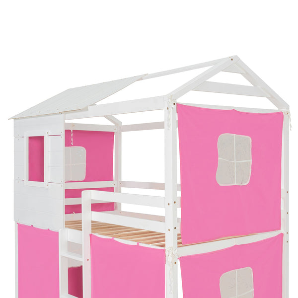 English Elm Twin Treehouse Bunk Bed Solid Pine Playhouse Frame with Cozy Canvas Tent Hideaway LT000379AAH-1