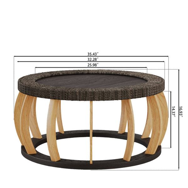 English Elm 35.43"vintage Woven Rattan Round Coffee Table Curved Wood Legs Boho Living Room W757P445115