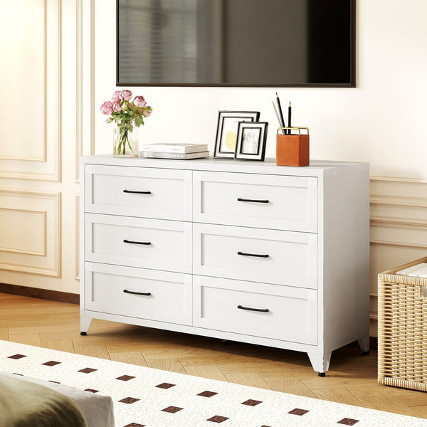 English Elm 6 Drawer White Steel Dresser Low Profile Powder Coated Frame for Bedroom or Hallway T2398P465981