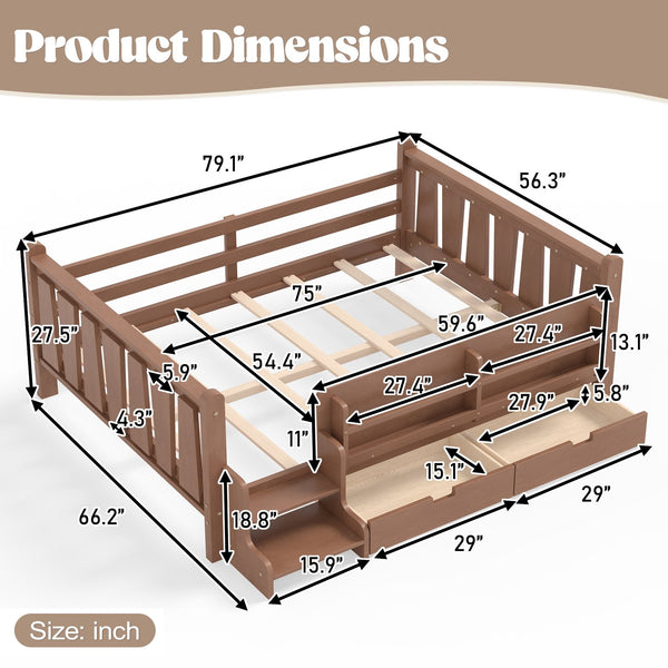 English Elm Twin Kids Platform Bed with Trundle Staircase Bookshelf and Rounded Safety Rails Natural W1580S00540
