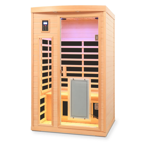 English Elm Low Emf Two Person Hemlock Far Infrared Sauna with Glass Door Heating Panels W632P501524