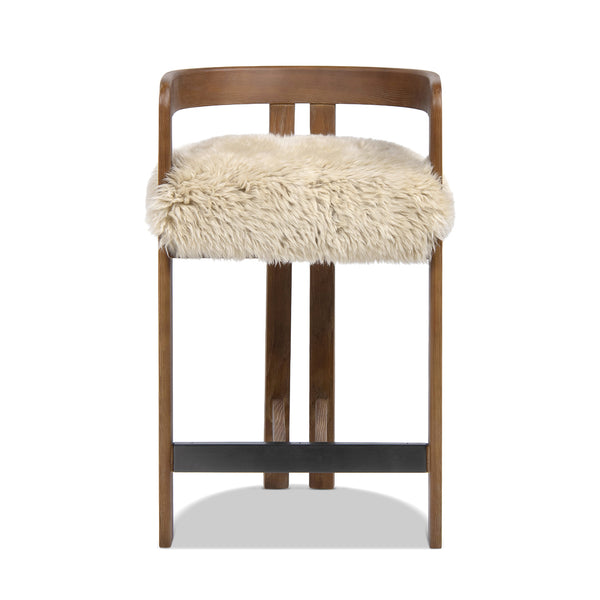 English Elm Millwick Sheepskin Fur Counter Stool Solid Ash Wood Frame Farmhouse Kitchen Seating B2719P479033