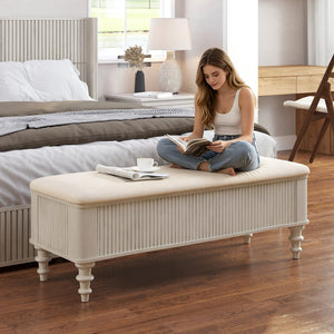 English Elm 50.8-inch Linen Upholstered Storage Bench Rubberwood Frame Lift Top Entryway Bedroom Seat Beige W5819P481610