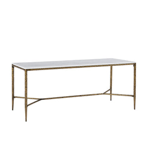 English Elm 6-seater Faux Marble Dining Table with Hammered Iron Brass Accent Legs Modern Loft Forged Brass N771P392428Z