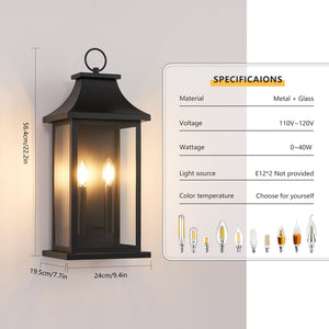 English Elm Outdoor 22" Wall Lantern 2-Light, Modern Black Waterproof Exterior Sconce with Clear Glass Shades, Durable Metal Design W2312P409017