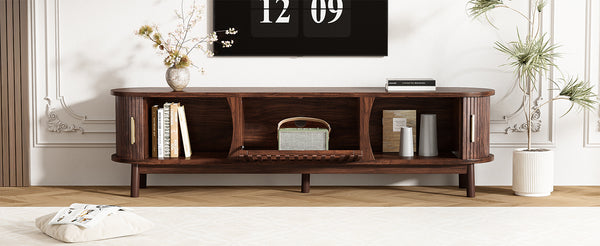 English Elm Modern Farmhouse TV Stand with Textured Woodgrain, Waterproof Surface, Sliding & Drop-Down Storage (75") N710P257615P
