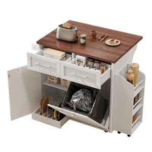 English Elm K&K 47.2" Farmhouse Kitchen Island with Drop Leaf, Removable Side Shelf, Trash Cabinet, Wheels White N707P307296W