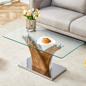 English Elm Rectangular Coffee Table.Tempered Glass Countertop, and Artistic Mdf Legs,Perfect For Hosting Dinners, Conferences, Home, and Office Decorations.White and Wood,Dining Table,Tea Table.Coffee Table.