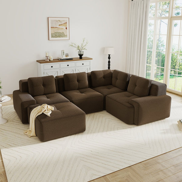 English Elm Modern Corduroy Sectional Sofa Deep Seat V Shape Tufted Couch with Movable Ottoman Brown W714S01576
