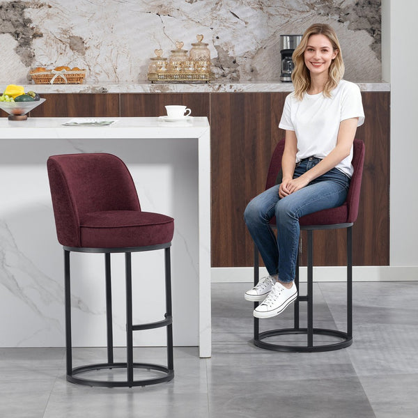 English Elm Counter Height Barstools Set of 2 Linen Upholstered Barrel Seat with Iron Legs Wine Red W395P410434
