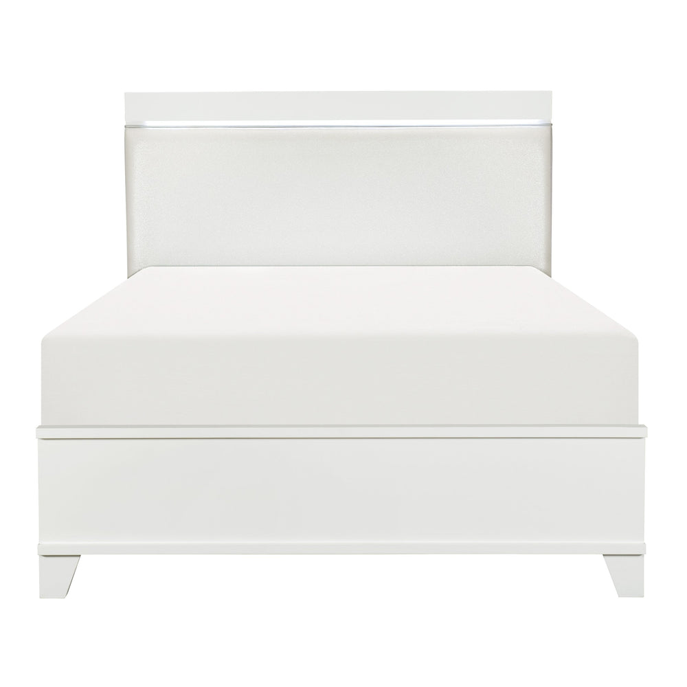 English Elm White LED Queen Bed with Opalescent Faux Leather Headboard High Gloss Modern Bedroom Centerpiece White 80.25 L x 7.75 W x 4.5 H B011S00907
