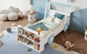 English Elm Twin Pine Treehouse Floor Bed with Padded Rails and Cabin Roofline for Kids White+Blue W1580S00470