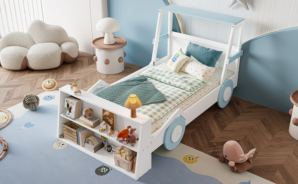 English Elm Twin Pine Treehouse Floor Bed with Padded Rails and Cabin Roofline for Kids White+Blue W1580S00470