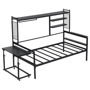 English Elm Twin Metal Daybed With Movable Desk, Shelves, Clothes Hanger & Industrial Design For Small Spaces N737P199195B-GIGA
