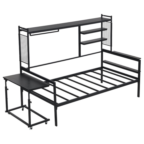 English Elm Twin Metal Daybed With Movable Desk, Shelves, Clothes Hanger & Industrial Design For Small Spaces N737P199195B-GIGA