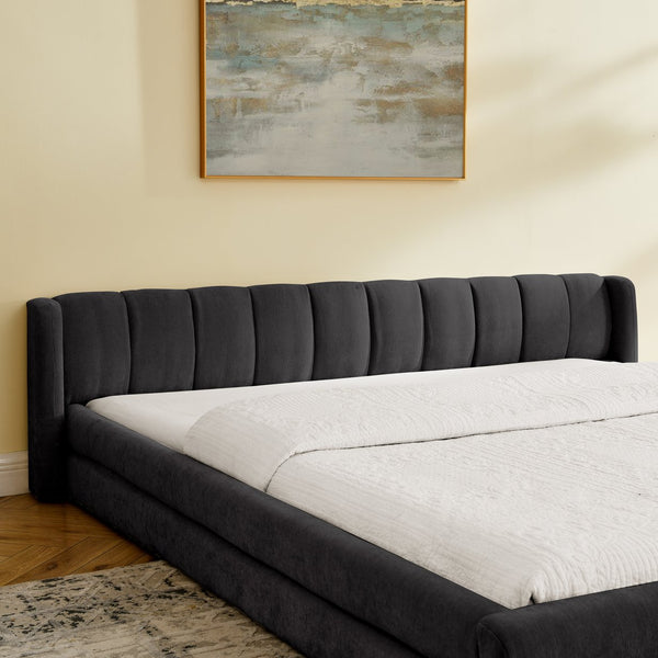 English Elm King Platform Bed Full Chenille Upholstery Low Profile Frame for Modern Bedroom Dark Gray W487S00434