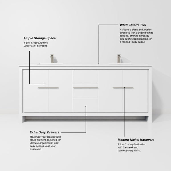 English Elm White Double Bath Vanity With White Quartz Top, Gun Metal Faucet, Ample Storage & Mirror Included B2731S01775-GIGA