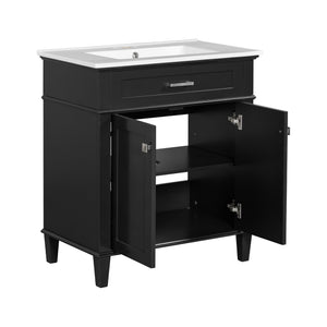 English Elm 30-inch bathroom vanity with ceramic basin, solid wood frame, soft-close doors and adjustable shelves for organized style and lasting durability Black N729P173380B