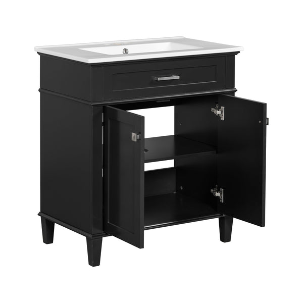 English Elm 30-inch bathroom vanity with ceramic basin, solid wood frame, soft-close doors and adjustable shelves for organized style and lasting durability Black N729P173380B