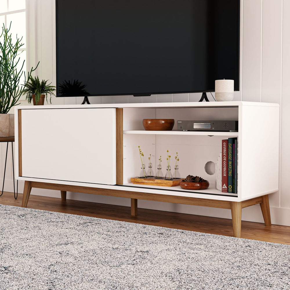 English Elm Brookside Mid-Century TV Stand White & Oak – 65"‑Ready Laminate Wood, Sliding Doors, Cord Management B350P326200