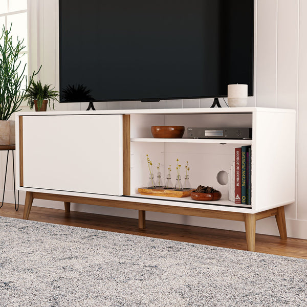 English Elm Brookside Mid-Century TV Stand White & Oak – 65"‑Ready Laminate Wood, Sliding Doors, Cord Management B350P326200