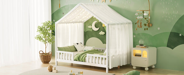 English Elm Montessori House Bed Frame Twin with Canopy & Full Guardrails, Cozy Kids Platform Bed for Toddlers White 77.8 L x 17.25 W x 7 H N733P356048K