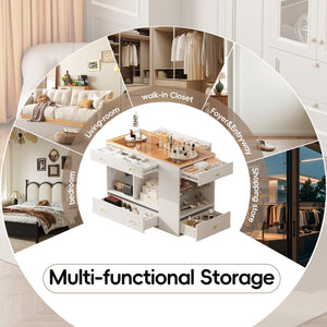 English Elm Closet Elegant walk-in island with glass display top, 6 drawers and open shelves for organized storage White 39.76 L x 17.32 W x 12.2 H N733S304513K