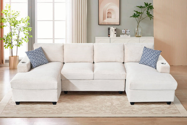 English Elm Multifunctional Corduroy Modular Sectional with Dual Chaise Cup Holders Living Room Beige B2730S00073